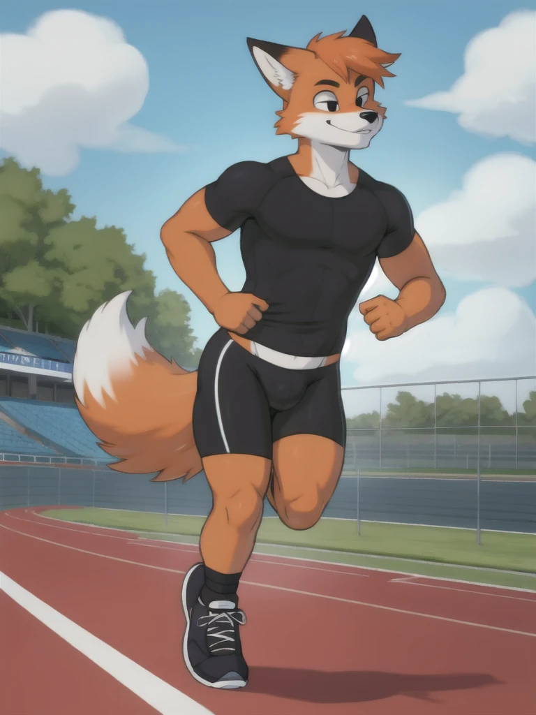 Furry, fox, male, black shirt, black spandex bike shorts, shoes, running track, solo, full body