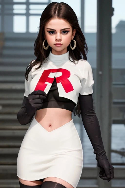 The face of Selena gomez, 1girl, solo, team rocket,team rocket uniform,white skirt,red letter R,crop top,black thigh-highs,black elbow gloves, earrings, large breasts,