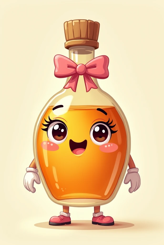 a maple syrup bottle character with a pink bow, big eyes, big eyelashes, arms with white gloves and legs with little shoes, 2D simple cartoon 