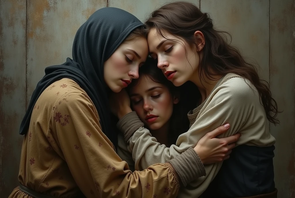 The painting shows the humiliation of women in the Middle Ages who were happy whenever, dove, we have to stay together,