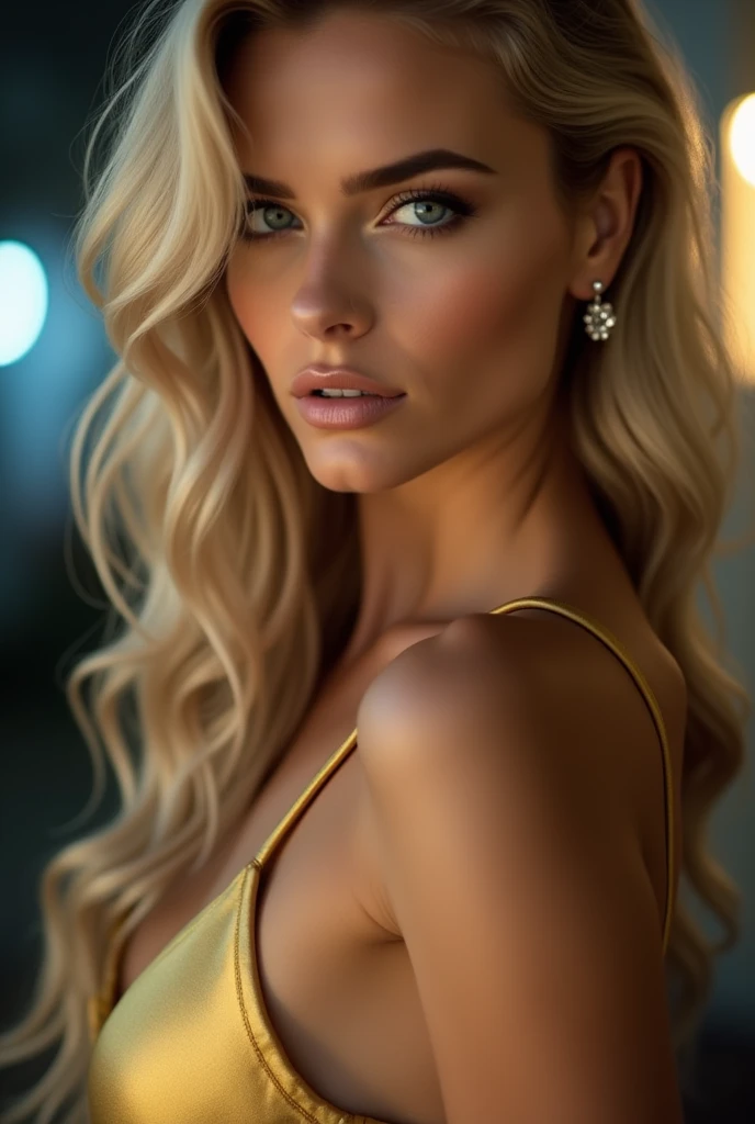 A hyperrealistic photography , ultra-sharp close-up of Isabella Noir with her piercing ice-blue eyes and flawless, porcelain skin. She has long blonde hair and a chiseled jawline. She is adorned in a sleek, gold evening gown that drapes elegantly over her statuesque figure. The gown's silky fabric catches the light, adding a touch of sophistication to her already magnetic presence. The background is softly blurred, hinting at a glamorous night scene. The shallow depth of field (f/1.2) ensures that Isabella's breathtaking beauty and striking presence are the focal point, creating an unforgettable image of sheer elegance and allure.