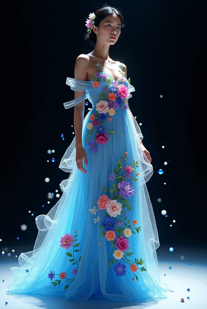 happy summer fashion design by vera wang with colourful flowers in soft blue colours and floral, wore by japanese female model, black void background, soft blue particles and nice lighting, UHD, HDR, 8k, Masterpiece, realistic, hyper realistic.