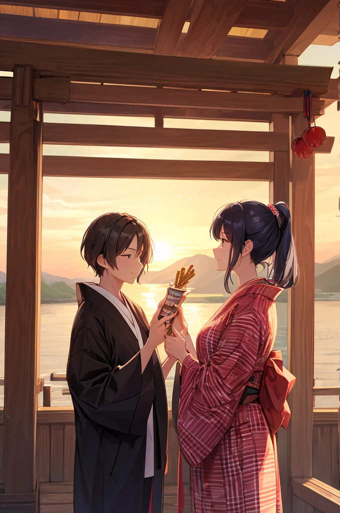 Masterpiece, best quality, The text describes an imaginative scene featuring a Canadian and a Japanese person standing together against a backdrop that combines iconic elements from both countries, such as the Rockies and cherry blossoms.
The Canadian character is casually dressed in a flannel shirt and parka, exuding friendliness and politeness, while the Japanese character wears a traditional yukata with nature motifs, embodying calmness and respect. The two individuals interact joyfully, sharing a cultural exchange and snacks like sushi and poutine, symbolizing the blending of their culinary traditions.
The overall atmosphere is cheerful and harmonious, highlighting friendship and mutual respect for their cultures, with a picturesque sunset enhancing the warm connection between them. This scene emphasizes the beauty of cultural diversity and the blend of traditional and contemporary elements from Canada and Japan.