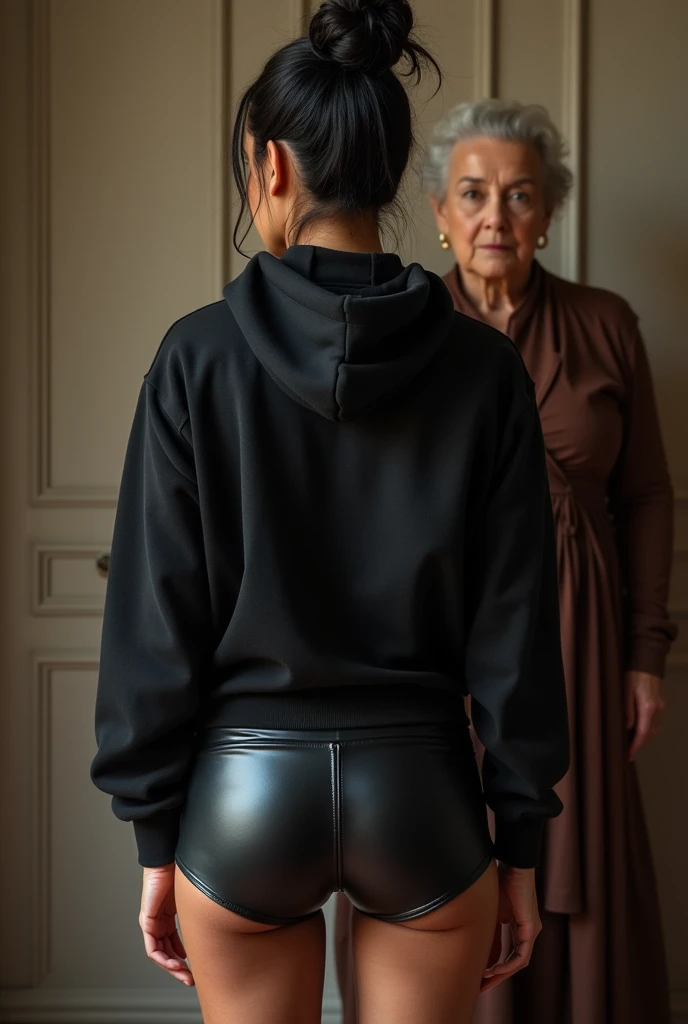 black woman hair in a bun black hoodie black leather short shorts being fucked in the ass by a old grandma in a dress