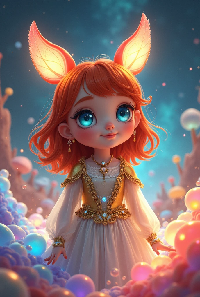 White girl，Almond eyes, Chubby，red, Natural hair. He is dressed in gold and silver,blue eyes, Deer ears are translucent and glowing　spore　Milky Way　Fancher　Filled with rainbow colored translucent slime　san francisco　Extraterrestrial life forms　amoeba