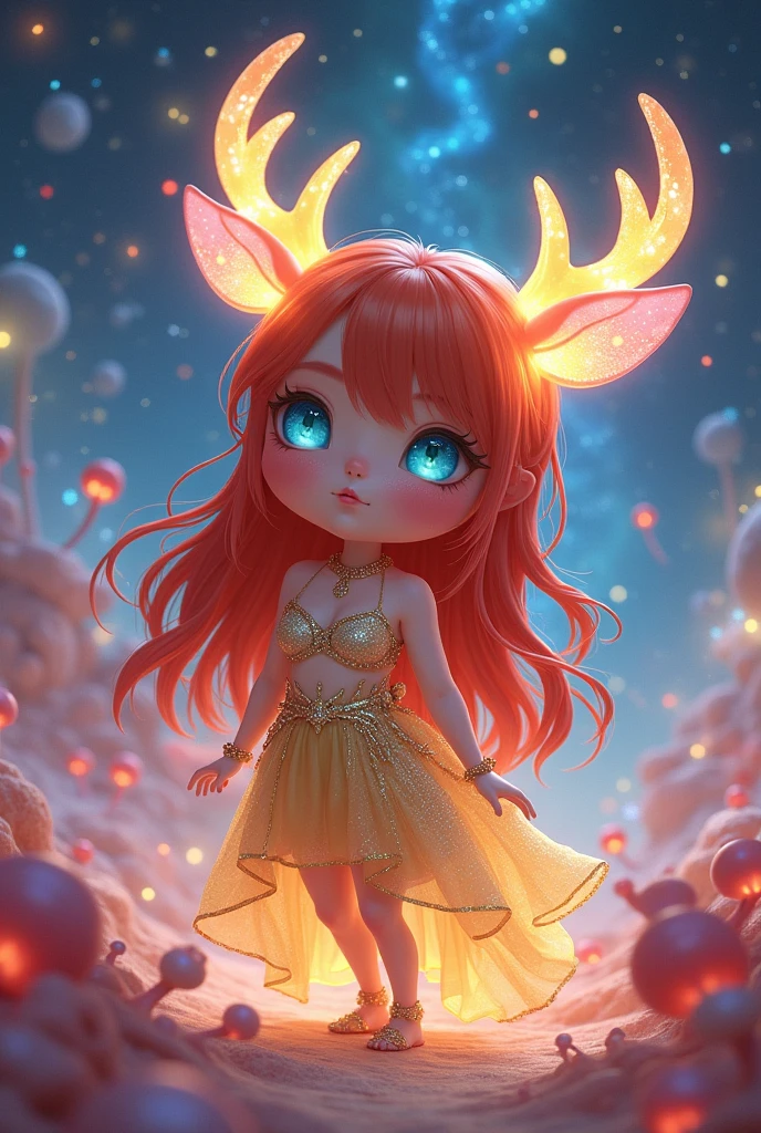 White girl,Almond eyes, Chubby,red, Natural hair. He is dressed in gold and silver,blue eyes, Deer ears are translucent and glowing spore Milky Way Fancher Filled with rainbow colored translucent slime san francisco Extraterrestrial life forms amoeba