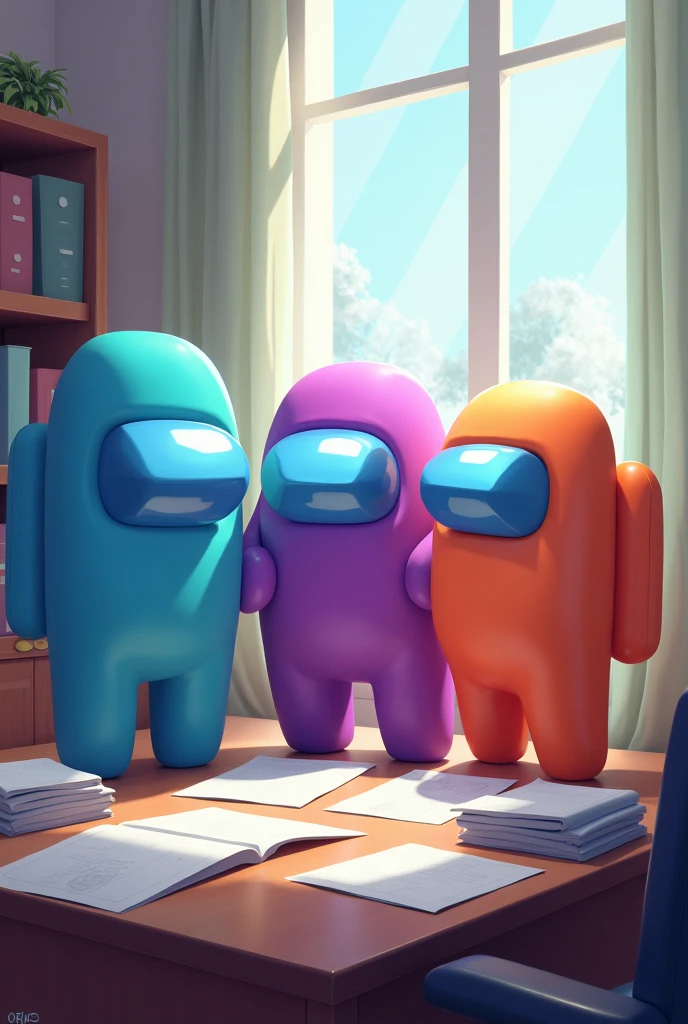 Among us ,Cyan, purple, beiges, light pink, and choir working with papers