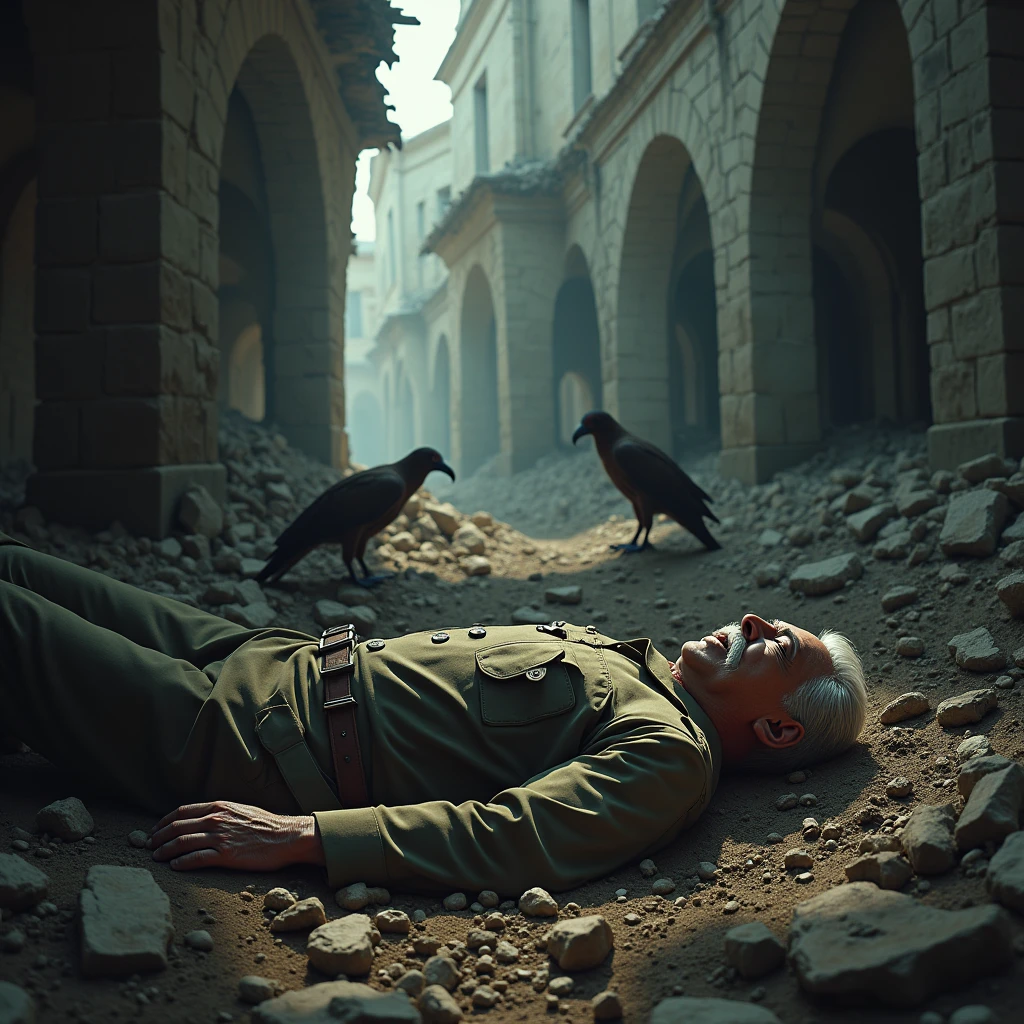 Entering the house, They find the rubble of the greatness and the pecked body face down of the mustachioed, elderly man who lived there. He was a military dictator who now rots away among poverty and vultures.



