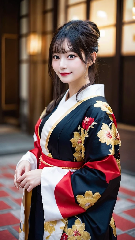 (8k,Realistic　RAWphotograph　Highest quality;1.4) One Mature Woman) Super beautiful Japanese mature goddess　(Lively Faces)　Costumesを着た中程度の胸の女性の接写, Japanese mature goddess, Laughter　Beautiful fantasy empress, 美しく魅力的なanime女性, Gweiz-style artwork, 8kの高品質で詳細なアート, Very detailed artgerm, Palace-like ， Beautiful character drawings, anime, 魅惑的なanime女性　白い絹で作られたJapanese Kimono　(Costumes)　超High resolution　Beautiful expression　Surreal　(Realistic Skin)　Ultra-high density　(Tabletop, Highest quality, Realistic, High resolution, photograph, :1.3)　Super flashy makeup　Golden Eyes　Japanese Kimono　Black and red bands　Golden Band Code　Red Rouge　Beautiful black hair,Highest qualityのRealisticRAWphotograph。Backlight、Cinema Lighting、Film Grain、50mm lens、Nikon D850、Ultra-Realistic Skasy art、Character Art、超High resolution、Muscular and slim body、Ultra-Realistic Skin,Perfect hands(Anatomical Modeling),Oiran style makeup,blue eyes