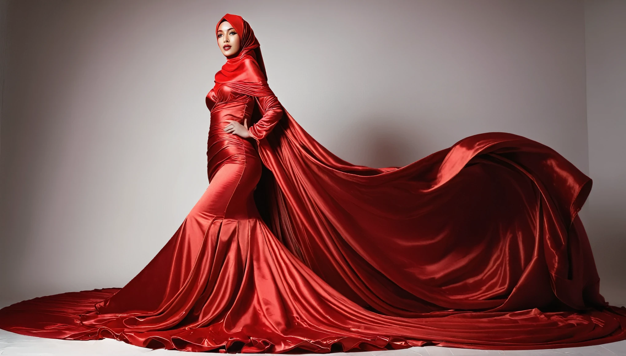 A woman shrouded in a 10-meter-long, plush red satin cloth, tightly bound and grandly draping along the form of her body, flowing off into a pooled floor-length train, styled in a mermaid-inspired outfit, her head modestly veiled in a satin hijab, tall woman, walking in photo studio, a full-body pose posing in front of people, captured in a 4k resolution, ultra-realistic