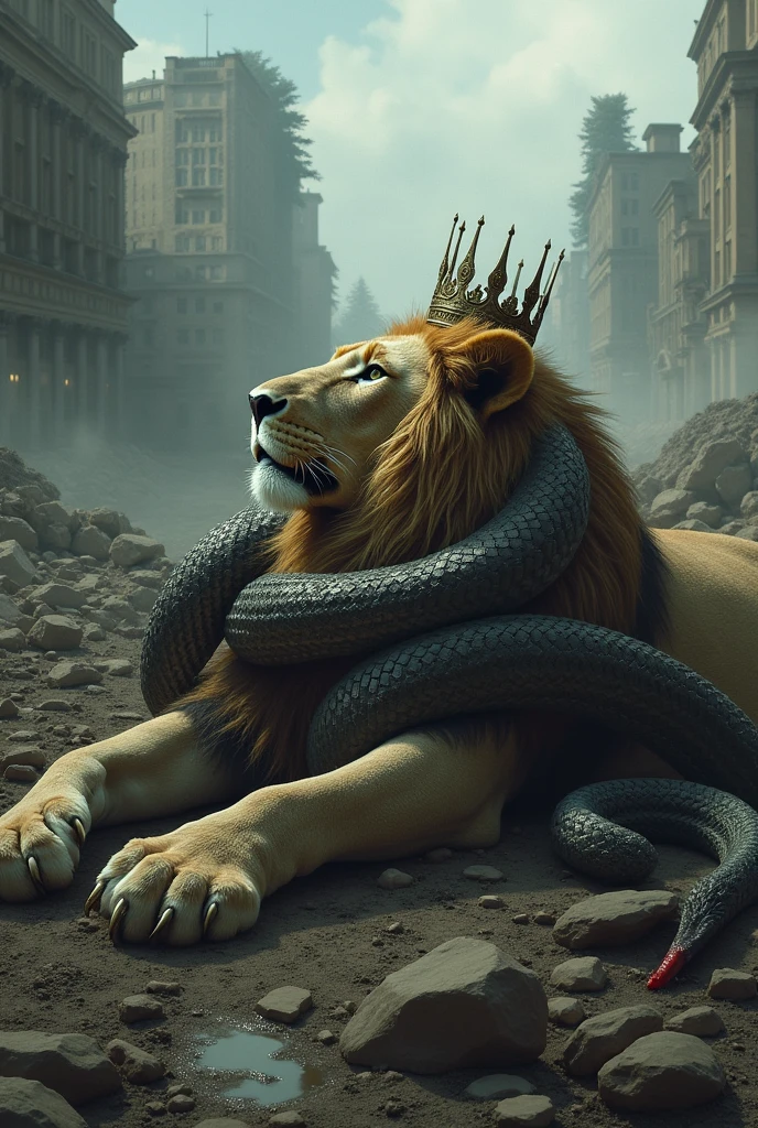 A dead lion on a battlefield, broken houses everywhere in the background.
A snake, which is wrapped around the lion's neck. The snake wears the crown