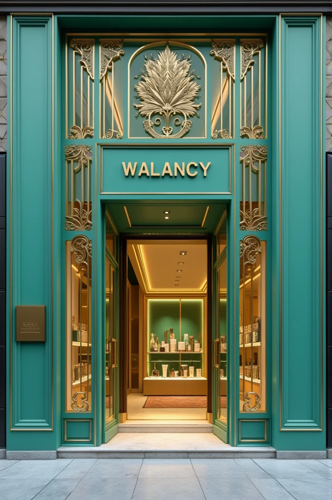 create the facade of a luxury cosmetics store, for a brand called Walancy, in the colors aqua green and gold