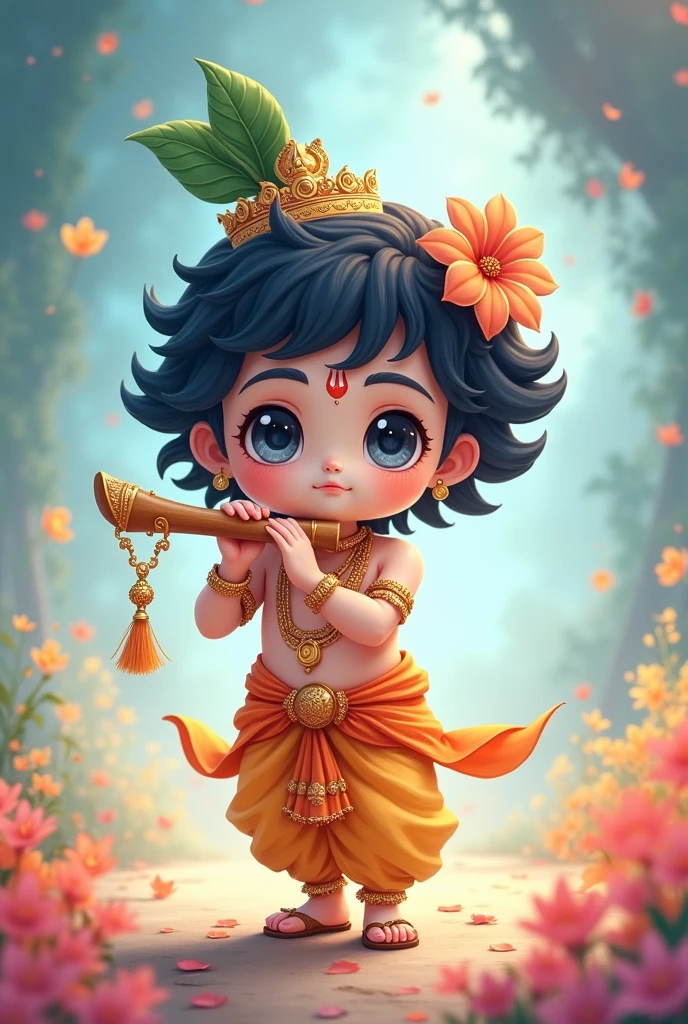 Lork kishna in little anime character with hand in flute and smile face