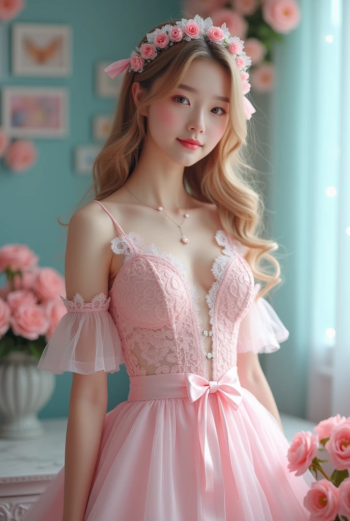 (Highest quality、masterpiece、8k、Best image quality、Hyperrealism、Award-winning works)、1 cute beautiful girl、(alone:1.1)、(1 photo:1.1)、(cute, Girlish, A sheer lolita dress in light pink and light blue:1.2)、(Cute Girlish big ribbon:1.1)、(Cute and luxurious hair accessories:1.1)、(A perfectly tailored dress with meticulous attention to detail:1.2)、(A cute dress with frills and ribbons:1.1)、(cute lolita dress with lace decorations:1.1)、(Cute Girlish lolita wavy hair:1.1)、(Low length:1.1)、(height: 140cm:1.1)、(Very large breasts:1.5)、(Glamorous Body:1.5)、(Big cleavage:1.5)、(Pink Roses:1.1)、(cuteハートのシンボル:1.1)、cuteフリルがいっぱい、(大きなcuteリボン:1.1)、Accentuate your body lines、Slender body、Standing Elegantly、(Pastel color Girlish and luxurious lolita room background:1.1)、(A fairytale room with attention to detail:1.1)、(cute水色の装飾壁:1.2)、(cute room with a っぽい atmosphere in pastel colors:1.1)、(cute room with very bright and shiny pastel colors:1.4)、(A very bright and shiny room:1.2)、(Lots of pastel colors:1.2)、(very bright and vivid:1.4)、(cuteパステルカラーの壁飾り:1.2)、Blurred Background、Standing Elegantly少女、Accurate anatomy、Perfect Makeup、Long eyelashes、Glossy Lips、Ultra HD glossy skin、(Ultra-high resolution, bright and beautiful skin:1.2)、(Super bright and radiant skin:1.2)、超高精細のGlossy Lips、Ultra-high resolution beautiful teeth、Light brown and blonde hair、Light brown eyes