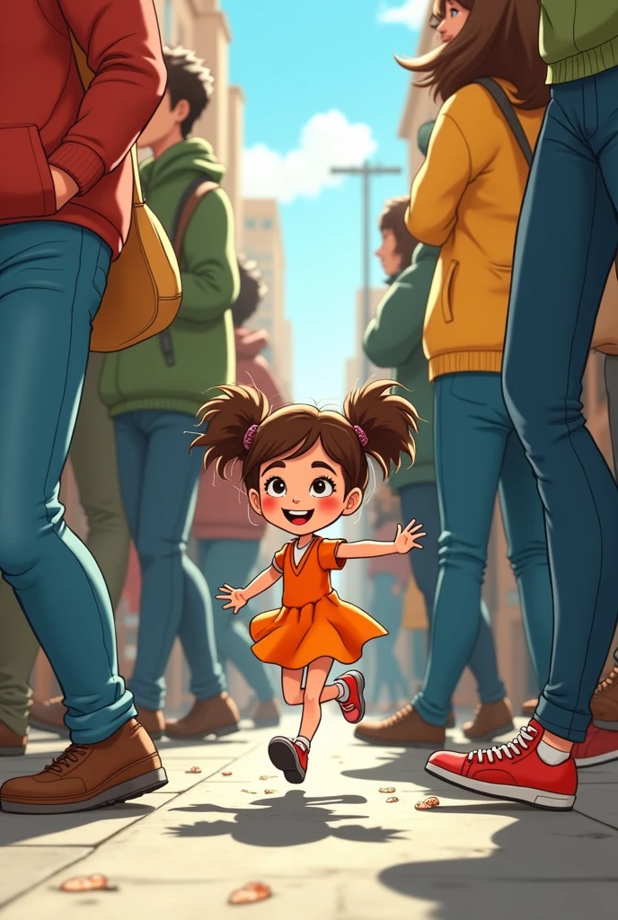 Make a cartoon animation of a restless girl running among adult legs