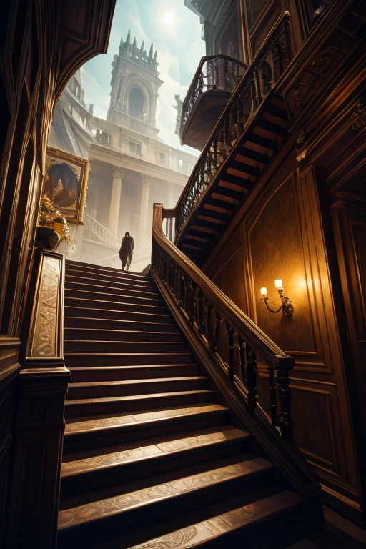 ( Surrealism ) a Surreal scene involving stairs that form impossible angles, confusing chaos, M.C, Esher, photorealistic, 8k, hyper detailed, dramatic lighting, surreal and abstract,