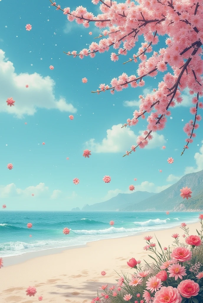 An idea to make a collage with the background of a beach or something similar combined with winter and flowers falling from the sky