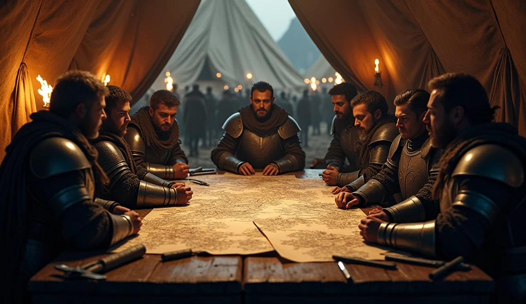 A cinematic and dark scene set inside a medieval tent, where a group of knights and commanders are gathered around a large wooden table. The tent is dimly lit by flickering candles and torches, casting deep shadows that dance across the canvas walls. The table is cluttered with detailed maps, rolled parchments, and various medieval weapons such as swords, daggers, and a large battle axe. The knights, clad in armor and cloaks, are intensely focused, their faces a mix of determination and concern as they plan their next move. The atmosphere is thick with tension, as the weight of impending battle hangs heavily in the air. In the background, the silhouettes of soldiers and more tents can be seen, partially obscured by the darkness, emphasizing the seriousness and gravity of the moment. The scene captures the strategic and solemn nature of medieval warfare, blending historical realism with a moody, almost foreboding, visual style., Surrealism, Hyperrealism, UHD, retina, masterpiece, accurate, anatomically correct, textured skin, super detail, 16k