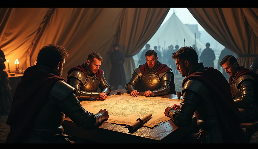 A cinematic and dark scene set inside a medieval tent, where a group of knights and commanders are gathered around a large wooden table. The tent is dimly lit by flickering candles and torches, casting deep shadows that dance across the canvas walls. The table is cluttered with detailed maps, rolled parchments, and various medieval weapons such as swords, daggers, and a large battle axe. The knights, clad in armor and cloaks, are intensely focused, their faces a mix of determination and concern as they plan their next move. The atmosphere is thick with tension, as the weight of impending battle hangs heavily in the air. In the background, the silhouettes of soldiers and more tents can be seen, partially obscured by the darkness, emphasizing the seriousness and gravity of the moment. The scene captures the strategic and solemn nature of medieval warfare, blending historical realism with a moody, almost foreboding, visual style., Surrealism, Hyperrealism, UHD, retina, masterpiece, accurate, anatomically correct, textured skin, super detail, 16k