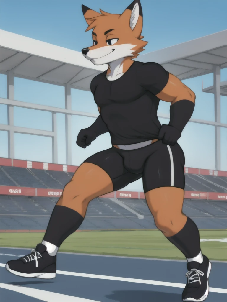 Furry, fox, male, black shirt, black spandex bike shorts, shoes, running track, solo, full body