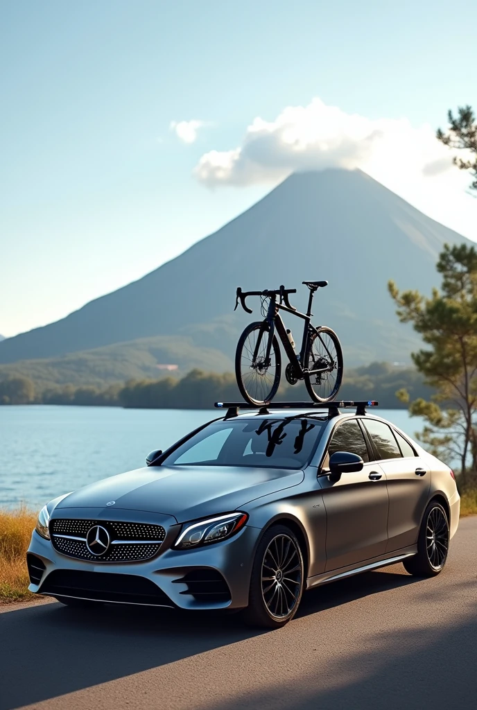 Mercedes Benz C200 in grey color on the front with a bicycle rack on the roof and a black bicycle and in the background a lake and a green volcano 