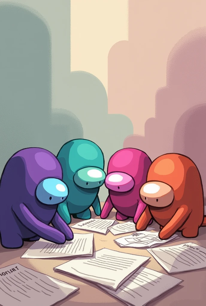 Among us ,Cyan, purple, khaki, Rosy, and choir working with papers