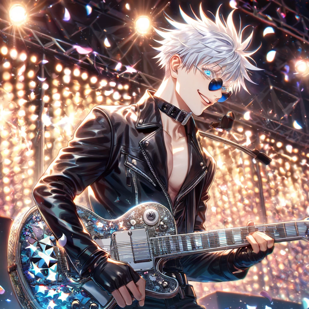 absurdres, highres, ultra detailed, HDR, master piece, best quality, extremely detailed face, delicated features, Gojou Satoru, white hair, expressive blue eyes, white eyelashes, Jujutsu Kaisen, solo, sexy man, handsome, sensual, smiling, playing a guitar, round black sunglasses, black belts, black leather jacket, showing the chest, black collar, patterns, rockstar, black rockstar clothes, black gloves, fingerless gloves, stage, lights, petals, fantasy, magical