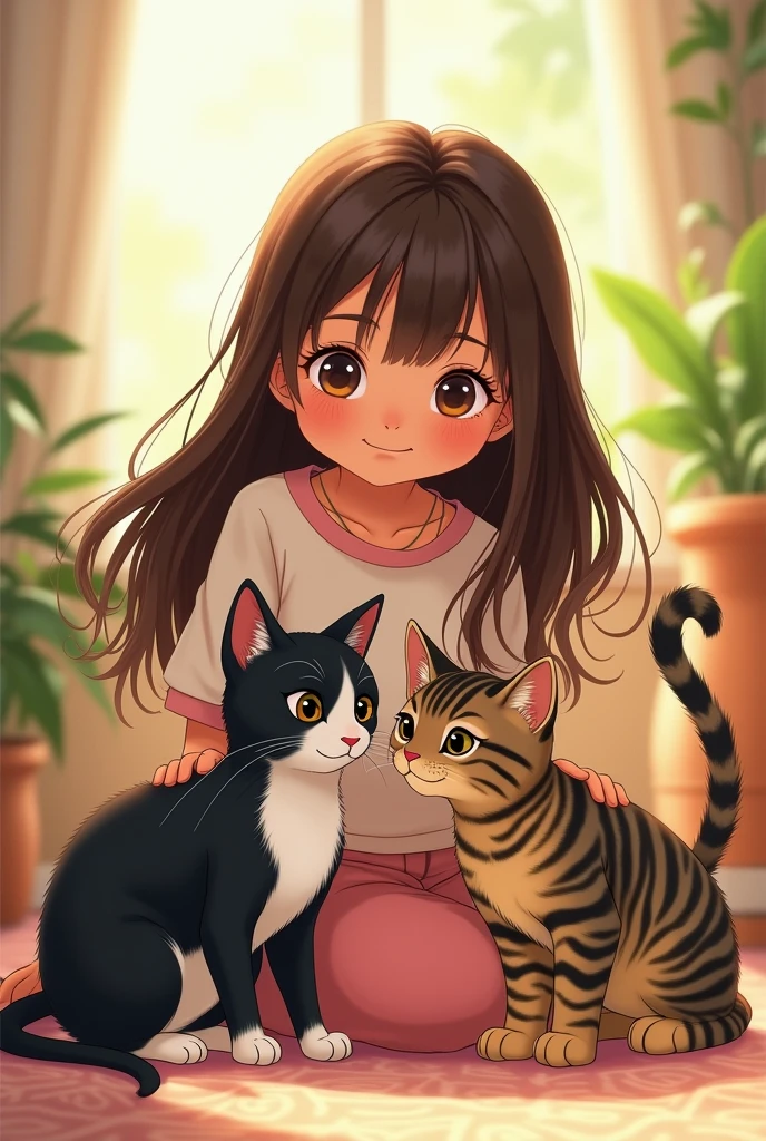 Cartoon A brunette girl with long straight hair with 2 cats, one black with white and one brown with gray stripes