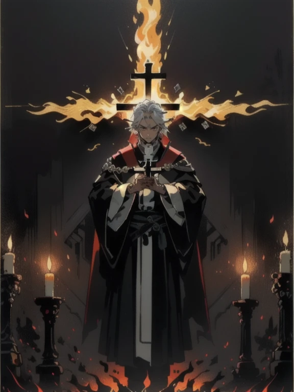 (masterpiece, Highest quality;1.3),(Movie Posters:1.2), 1 person,elder_concentrated, Priest,, Grim expression、He holds up a cross in his right hand to threaten the devil.,  Candlelight, View your viewers, Calligraphy characters, Long Shadow, Dark Room,Symmetrical Configuration, Super detailed、８K