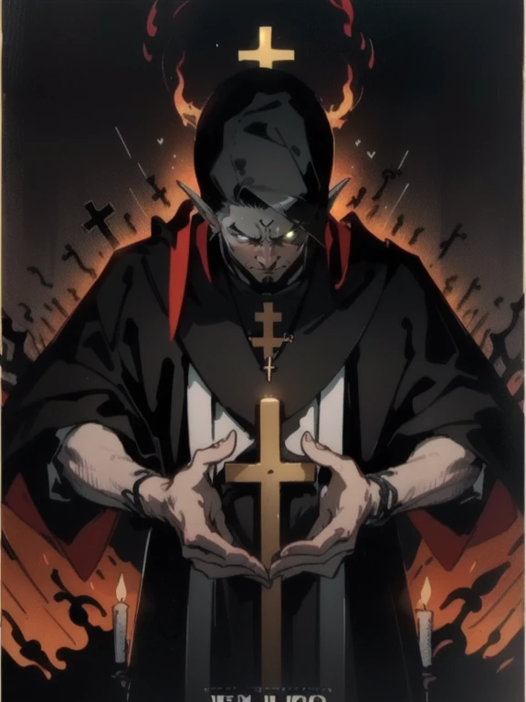 (masterpiece, Highest quality;1.3),(Movie Posters:1.2), 1 person,elder_concentrated, Priest,, Grim expression、He holds up a cross in his right hand to threaten the devil., Candlelight, View your viewers, Calligraphy characters, Long Shadow, Dark Room,Symmetrical Configuration, Super detailed、8K