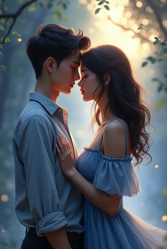 Create an image of two teenagers in love. Let the girl be of medium build., dark brown and brunette hair wearing a blue and gray dress, boy and girl