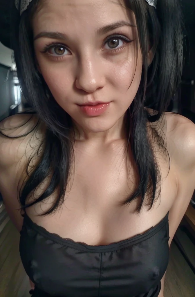 tight black top:1.2, Looking at the audience, cinema lighting, perfect, luz outfit, high resolution skin:1.2, realistic skin texture, 20 years、a small face、cute face, perfect face, black makeup、portrait shot, head to stomach shot, perfect lighting, white hairband, black choker, y lace strapless tube top, medium brestrapless, off the shoulders,bust cup b、big neckline, black eyes, extreme detail, perfect skin, Dark black hair、sexy ponyt, breasts nakedackgroun