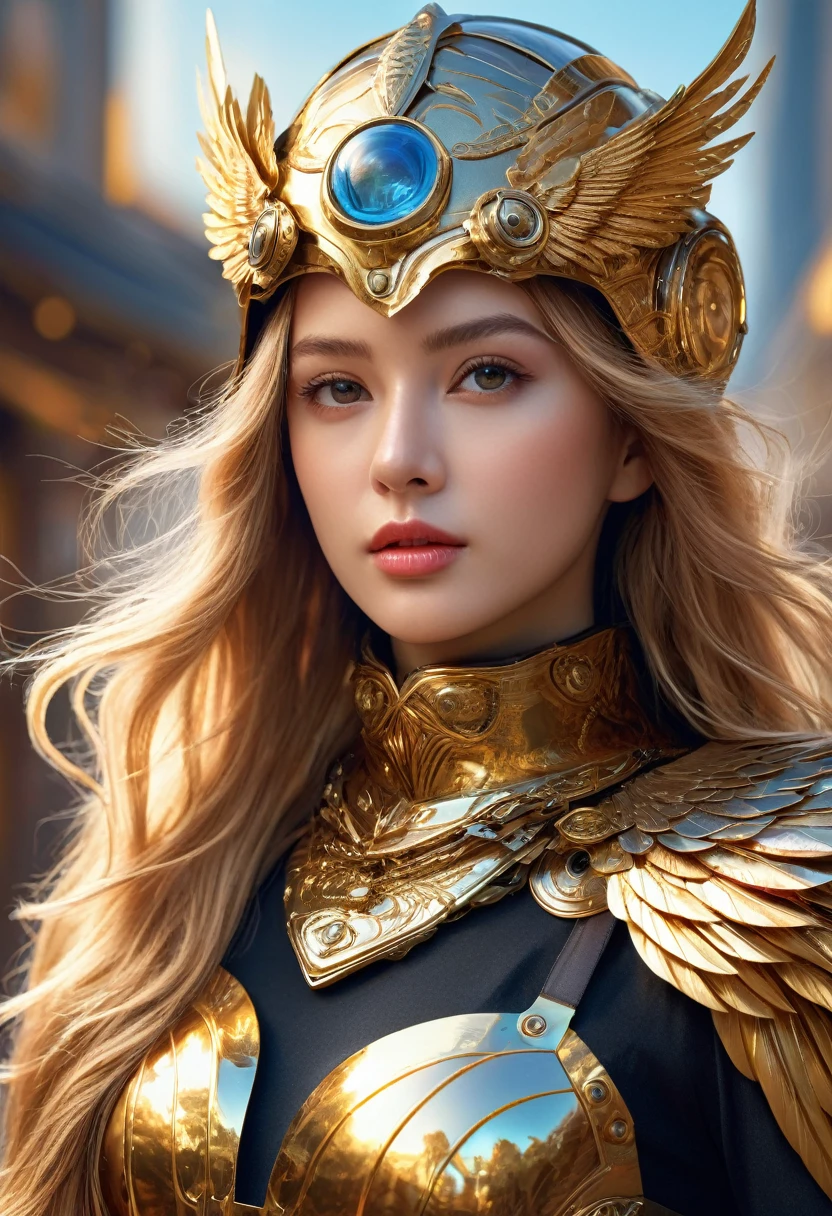 a beautiful young woman, 1girl, detailed face, long eyelashes, golden hair, detailed eyes, detailed lips, exquisite mechanical wings, shiny armor, eagle helmet, scarf, paper cut art, global earth, water, fire, wind, space, (best quality,4k,8k,highres,masterpiece:1.2),ultra-detailed,(realistic,photorealistic,photo-realistic:1.37),HDR,UHD,studio lighting,ultra-fine painting,sharp focus,physically-based rendering,extreme detail description,professional,vivid colors,bokeh,concept art