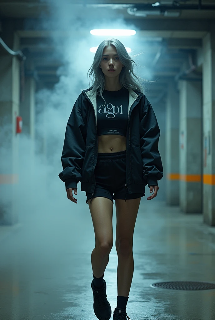 best quality, sports fashion portrait, beautiful Japanese cute girl,, beautiful fashion model, Realistic, 20-years-old, gray hair, , ((jumping wide angle)), all body shot, looking other, forcus high cut black sneakers, A sporty and modern outfit featuring a cropped top with a subtle black logo "AGPI", , designed to accentuate the body’s contours. The top is paired with (breathable Rough mesh) overlay that adds a stylish, athletic vibe. The cropped length of both tops creates a layered look. Completing the outfit is an oversized jacket that provides a cool and voluminous contrast, balancing the overall appearance and enhancing the active, abs, urban aesthetic. She is situated within the interior of a futuristic colony, in the deep night, with mist drifting and steam rising from concrete