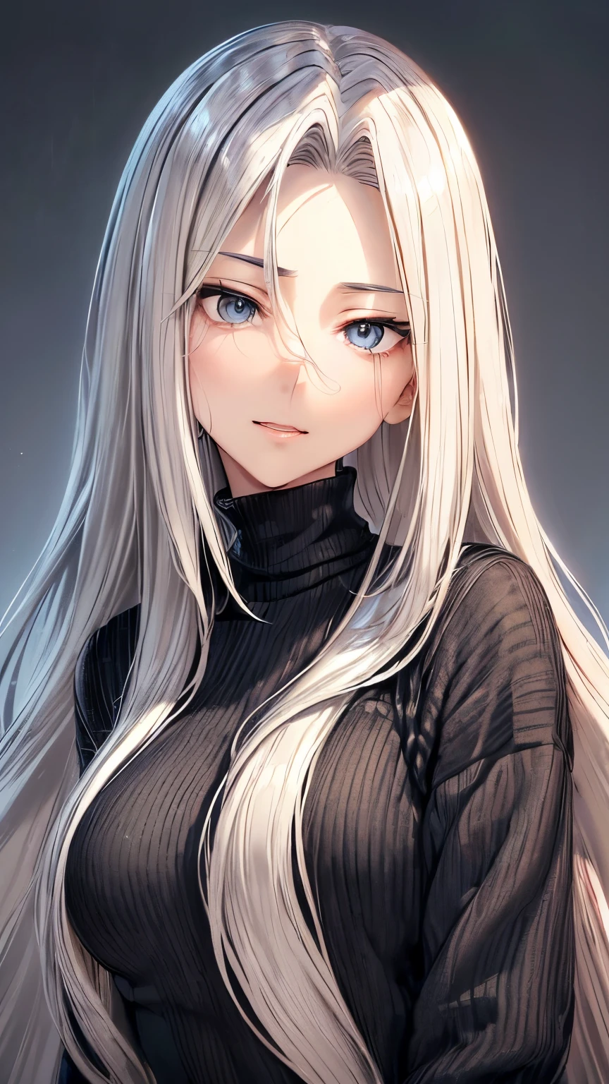 A Japanese fresh and mature lady ((small breast , slender)), grayish blonde highlight long hair((voluminous, extremely smooth wavy, shaggy forelock:1.5)),(( jet black sweater )),((big round droopy blue eyes)), gentle and calm smile((a little bit opened mouth )), mature face, gentle and mature atmosphere, noble posing, looking back ,(( face focus:1.4)),((best quality))