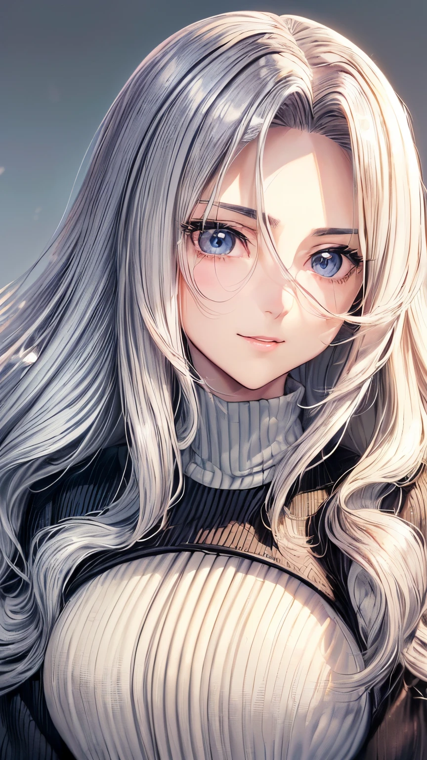 A Japanese fresh and mature lady ((small breast , slender)), grayish blonde highlight long hair((voluminous, extremely smooth wavy, shaggy forelock:1.5)),(( jet black sweater )),((big round droopy blue eyes)), gentle and calm smile((a little bit opened mouth )), mature face, gentle and mature atmosphere, noble posing, looking back ,(( face focus:1.4)),((best quality))