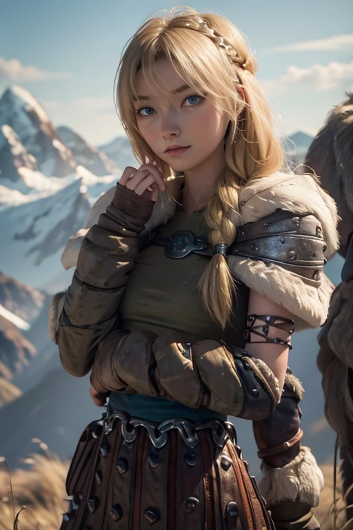 astrid hofferson, Skinny body, small bust, two hands, Whole body, you can see his legs, standing, Lovely, mountainous landscape, very sexy,