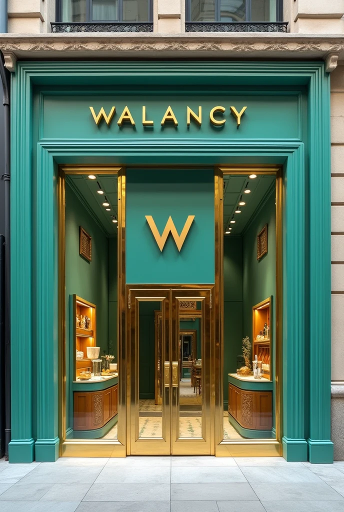 create the facade of a luxury cosmetics store, for a brand called Walancy, in the colors aqua green and gold