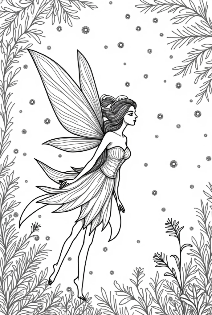 A magical fairy surrounded by glowing fireflies in a moonlit forest, clean line art, white background, colouring page, clean outline