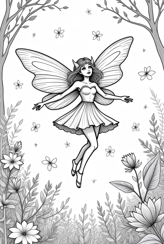 A magical fairy surrounded by glowing fireflies in a moonlit forest, clean line art, white background, colouring page, clean outline