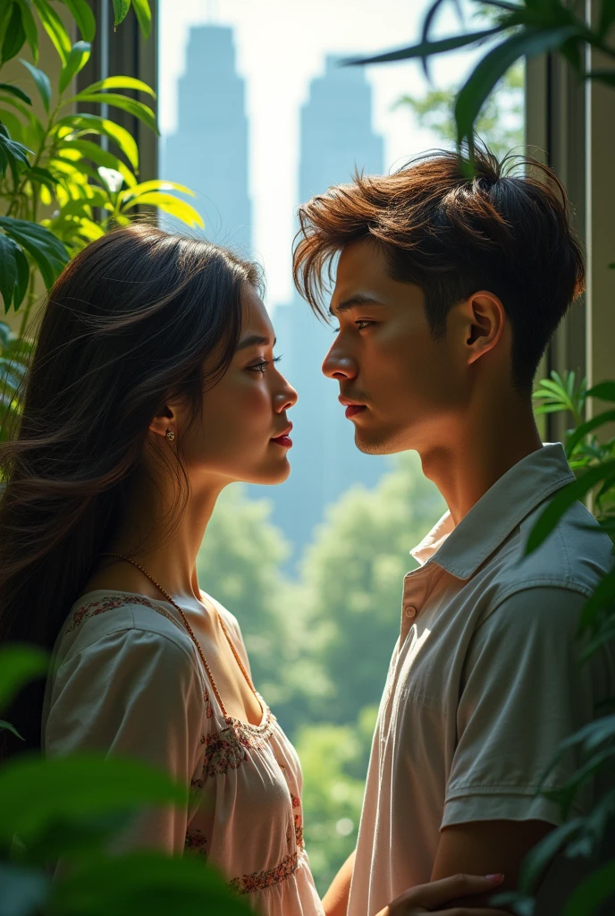 Boy and girl staring at each other, that the girl has brown hair and the boy has brown hair with blonde, On the girl&#39;s side, let it be a futuristic world and on the boy&#39;s side, let it be a garden with trees.
, They are both already 20 years old., photographic realism style
