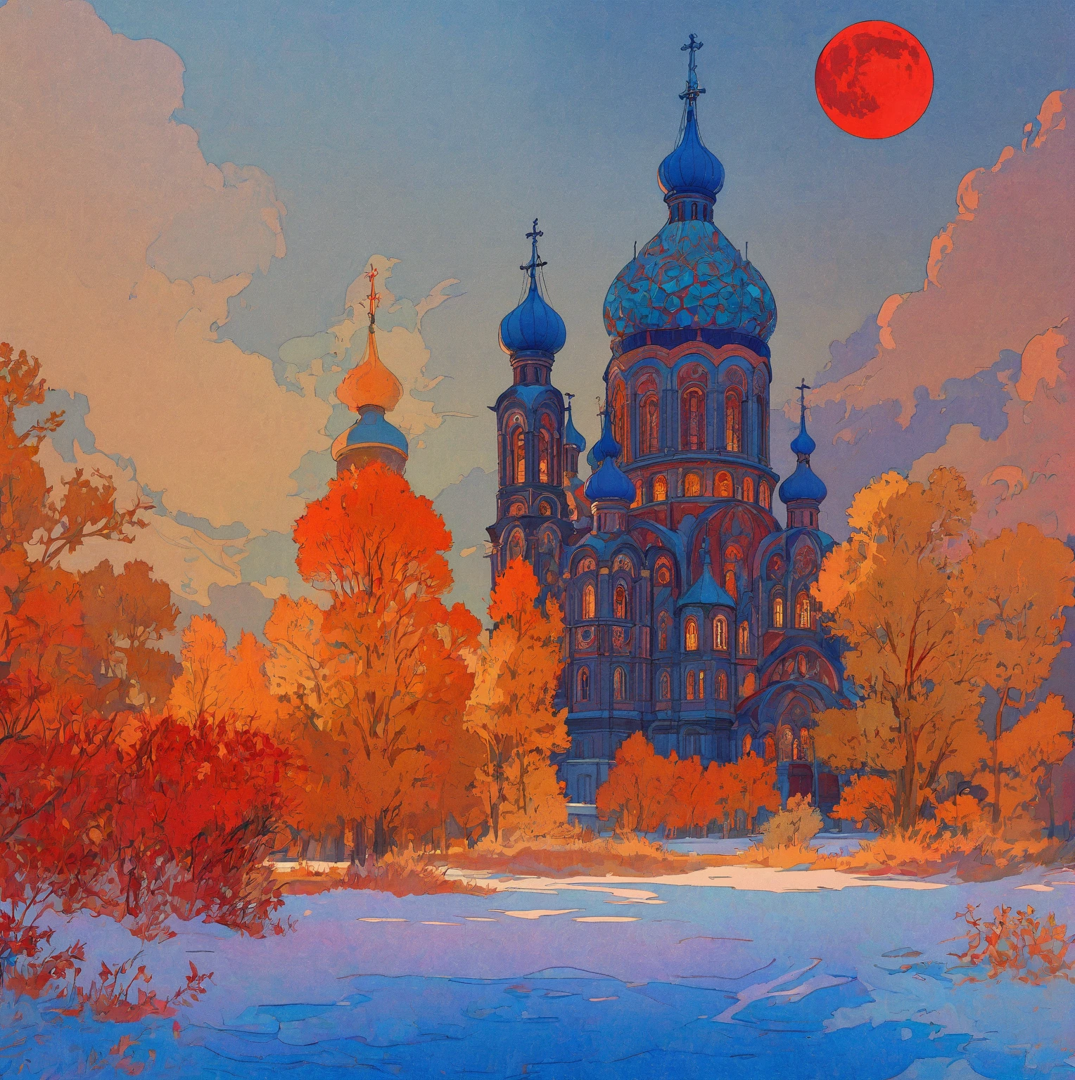 A dramatic Orthodox church against a night sky with a large red moon, inspired by the Slavic epic illustrations of Ivan Bilibin, the luminous architectural paintings of Igor Grabar and the ornate art nouveau designs of Alphonse Mucha, with the intricate details and grand scale of Yuri Ivanovich Pimenov's Cathedral of the Sun and the fantastical digital art of Beeple, all in the distinctive style of Alexander Deineka and Andrey Esionov, with an precisely composed, photorealistic rendering.