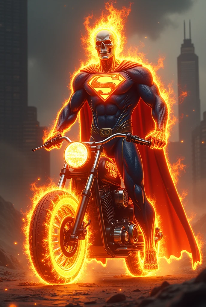 (Superman in ghost Rider look with ghost Rider bike, full body look