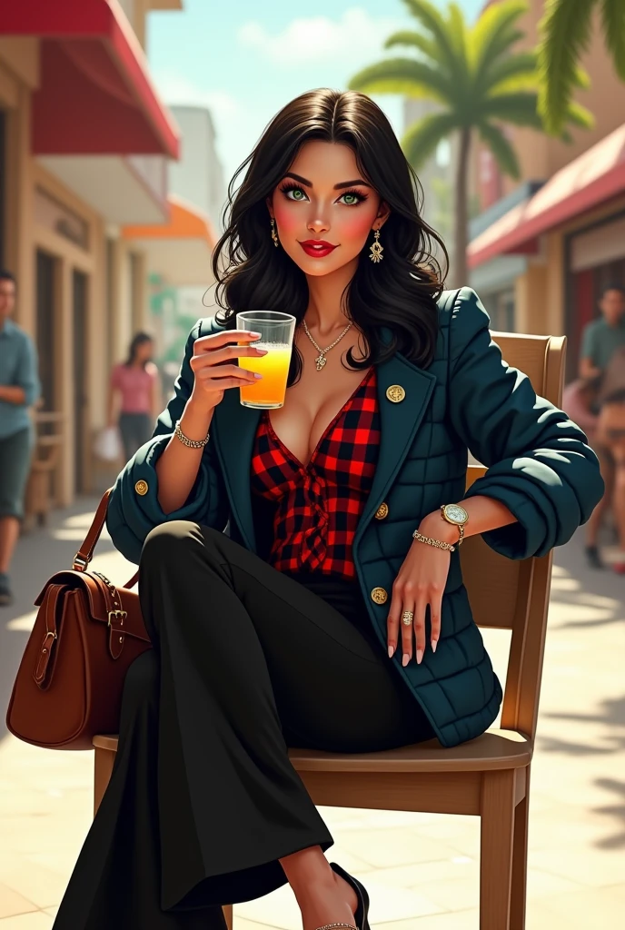 Full body beautil pale white skin latin woman, 5'7" tall, medium lush black hair, deep green eyes, wearing zip up dark blue quilted down nylon jacket with golden buttons, black bell bottom pants, rolled up sleeves, zipping up jacket, up collar, cleavage, red and black plaid formal button down blouse under jacket, happy smile, sitting on chair on shopping center, high hill sandals, summer sunny day, bag, watch and bracelet, neck chain, ear rings, crossing legs, drinking a cup of juice