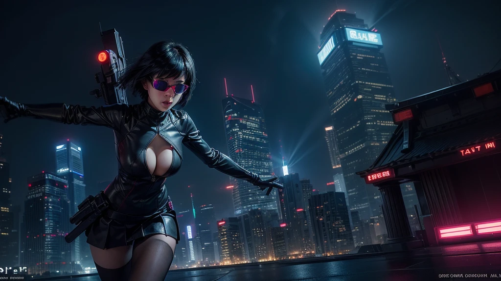 (Wide angle view). "ghost in the shell" film inspired futuristic Tokyo city, simple outlined neon tall buildings, (OLED holographic portrait on buildings), glowing giant clock tower, 1drone, lightning, 3D rendering Beeple. At night, (1girl, solo, alone), photorealistic, medium-breast slim:0.6 body, oval:0.5 face, cleavage:1.1, sexy costume with deep-v, low view pleated miniskirt, glove, (Matrix style black micro sunglasses), ((aiming viewer with a short gun)), (running pose), (half-body thigh level close-up shot), cinematic lighting, ray tracing.