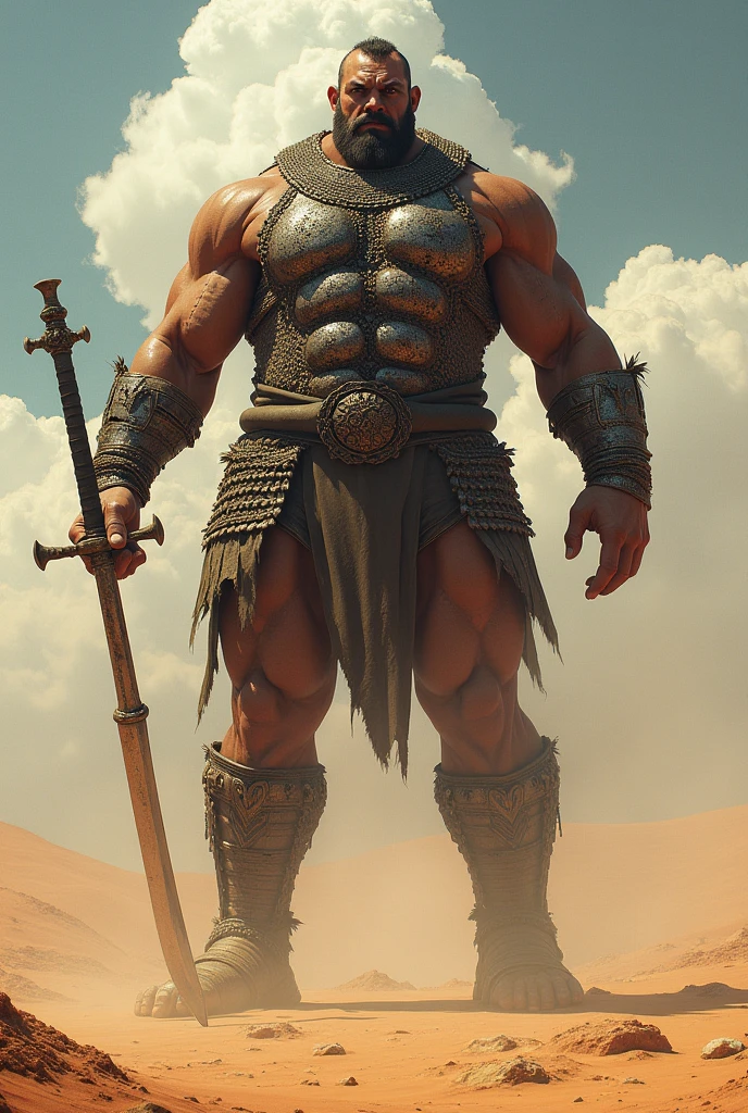 A 3 meter tall giant in the desert with a chain mail shirt plate and a long Japanese halberd from the feudal period