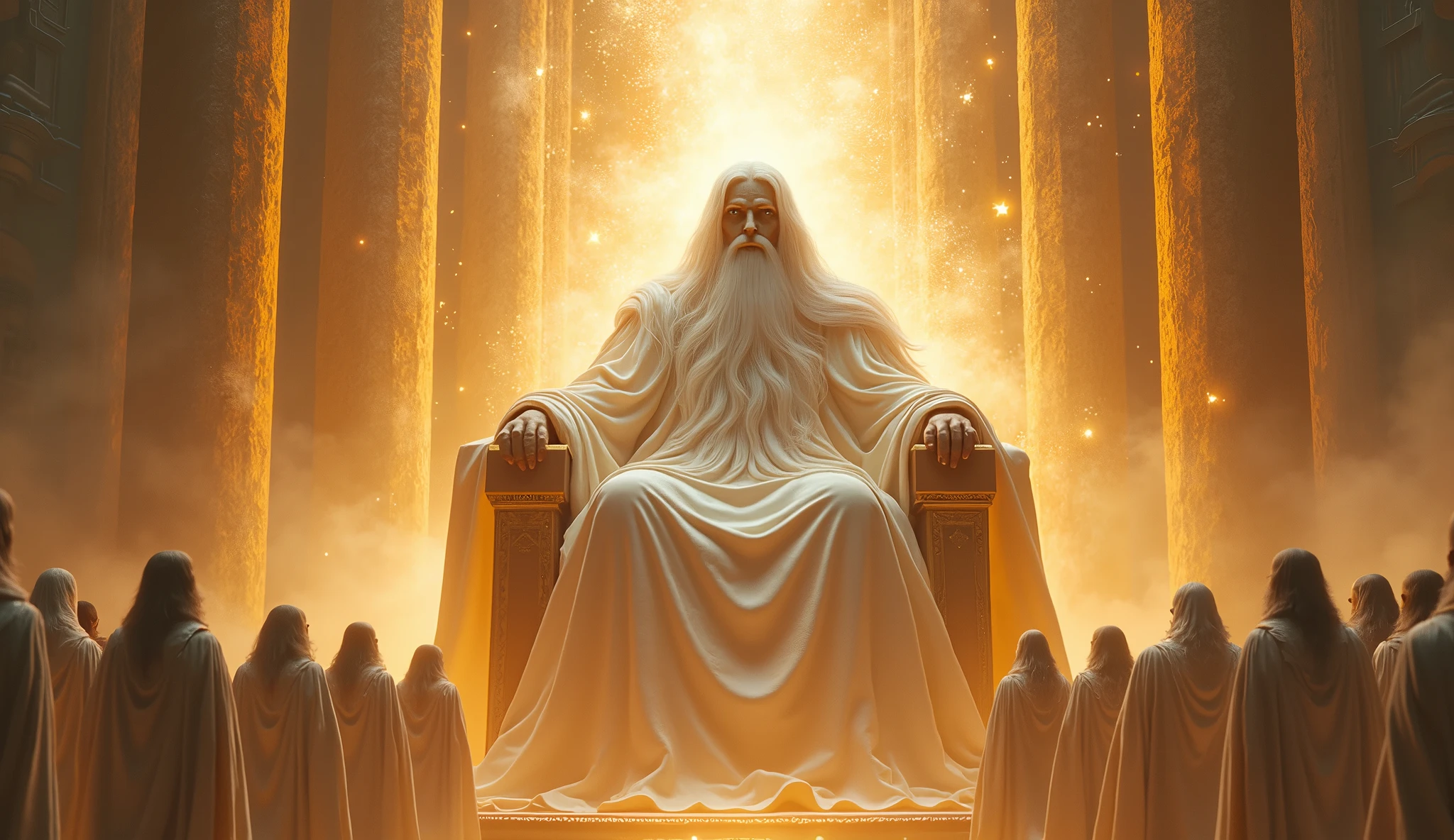 Draw a super gigantic God , white color long hair and beard, face of light, dressed in shimmery gold and white robe, seated on His Mighty firery gold and white Thrown, light eyes, realistic, 24 elders in white robe, around Him, 32K UHD, Style raw.