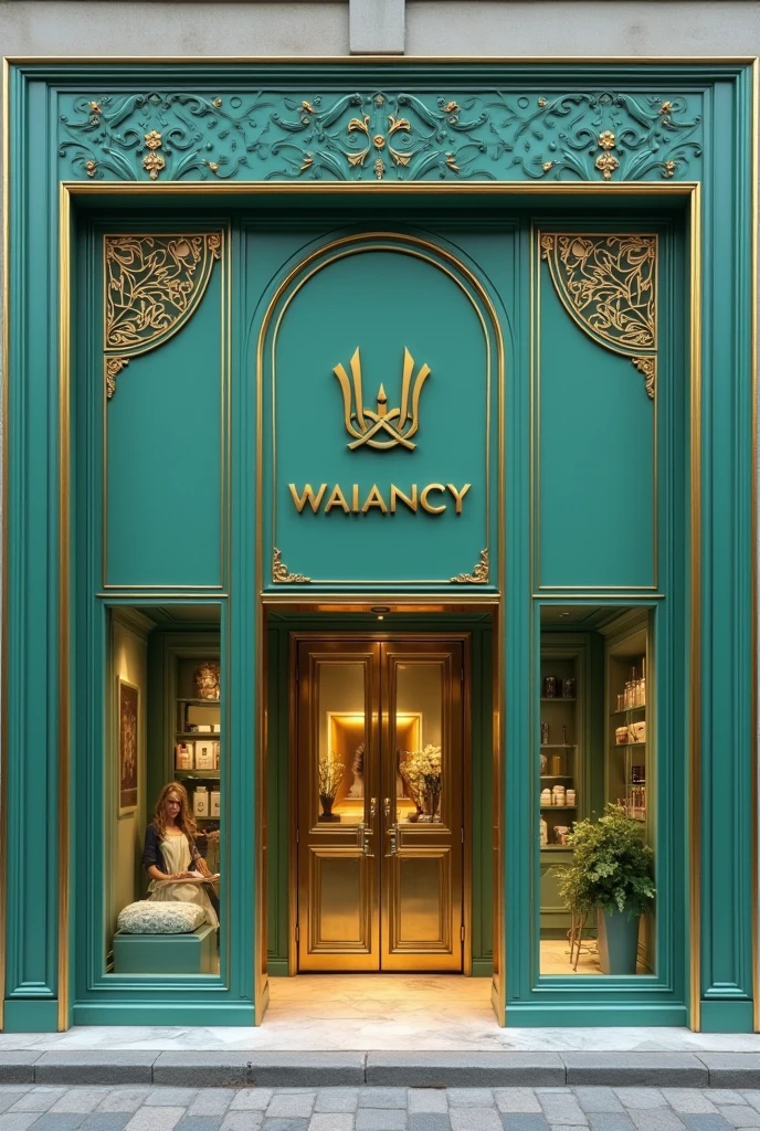 create the facade of a luxury cosmetics store, for a brand called Walancy, in the colors aqua green and gold