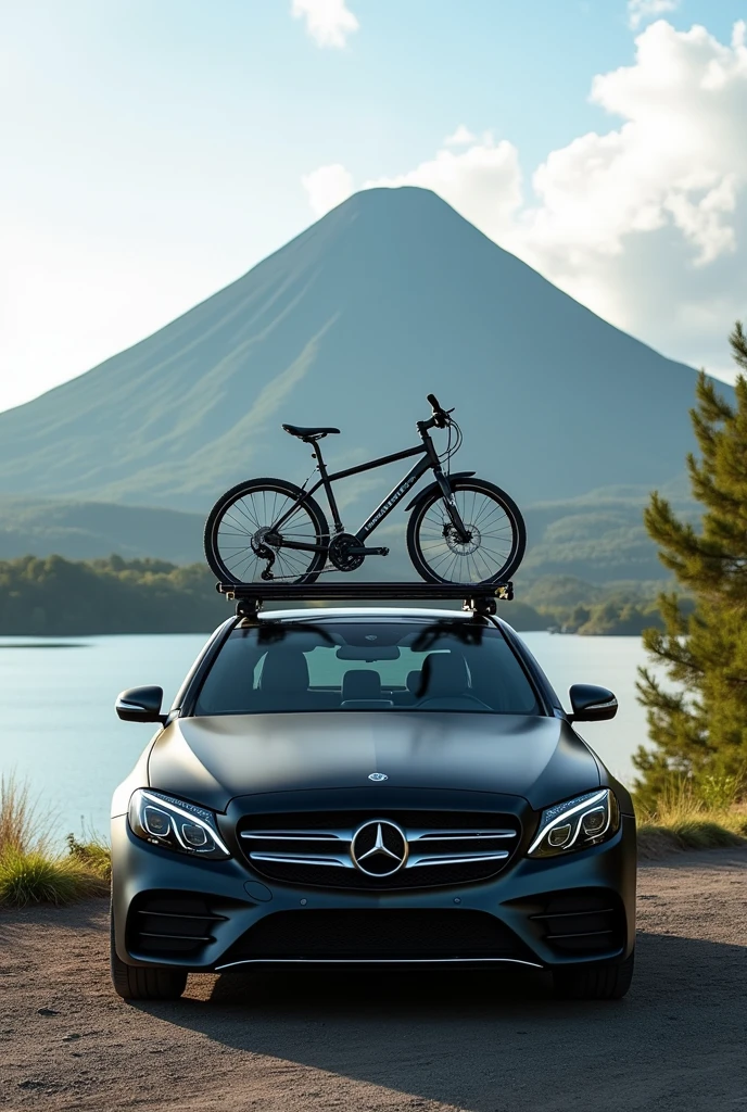Mercedes Benz C200 matte black front with bicycle rack on the roof and black bicycle and in the background a lake and a green volcano 