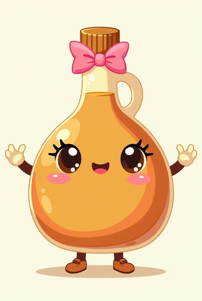 a maple syrup bottle character with a pink bow, big eyes, big eyelashes, arms with white gloves and legs with little shoes, 2D simple cartoon non tridimensional